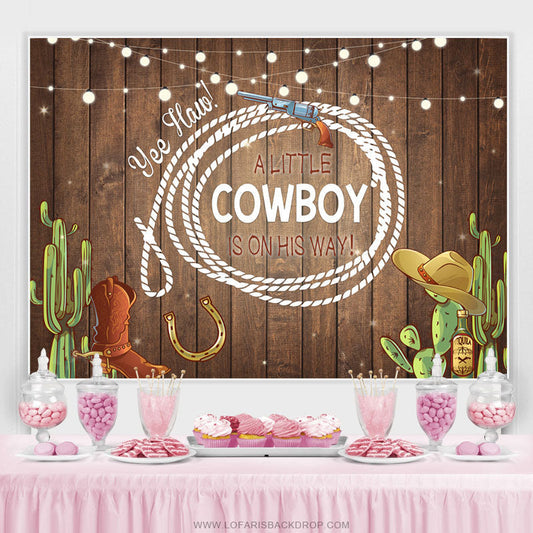 Lofaris A Little Cowboy With Brown Wood Baby Shower Backdrop