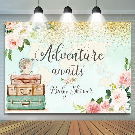 Lofaris Adventure Awaits Floral And Map Baby Shower Backdrop