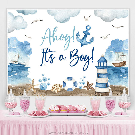 Lofaris Ahoy Its A Boy Navy Anchor Theme Baby Shower Backdrop
