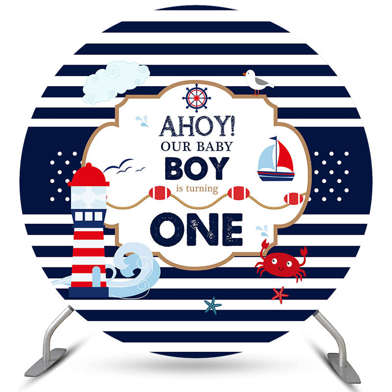 Lofaris Ahoy Our Baby Boy Is Turning One Round Birthday Backdrop