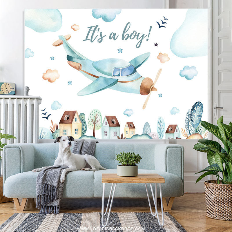 Lofaris Airplane Flying On The Sky Baby Shower Backdrop