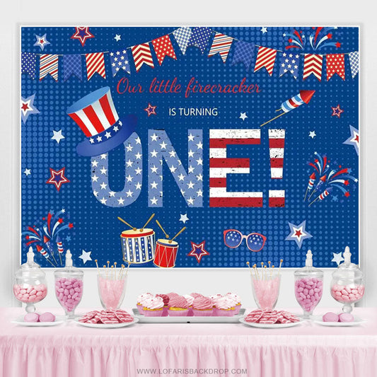 Lofaris American Flag Hat Blue Happy 1st Bithday Backdrop