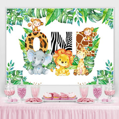 Lofaris Animals And Green Leaves First Happy Birthday Backdrop