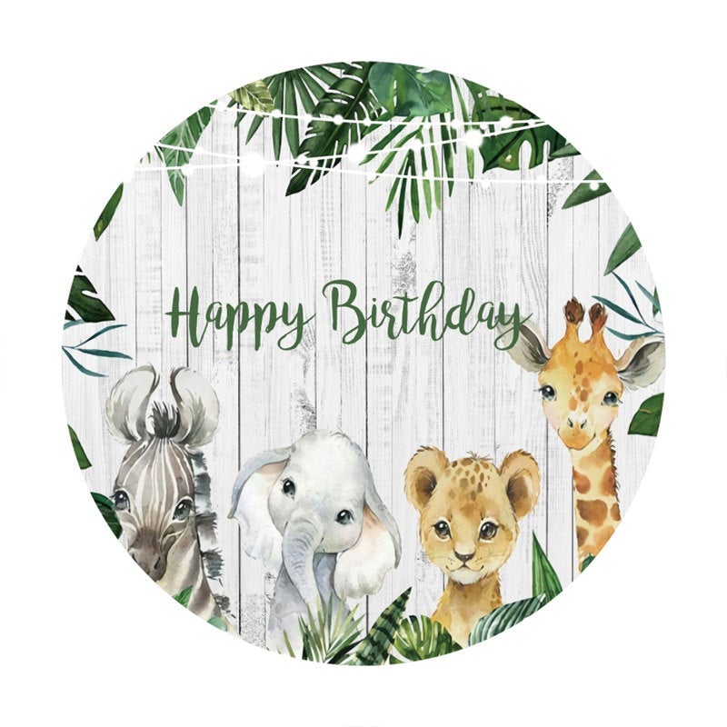 Lofaris Animals And White Wooden Happy Birthday Circle Backdrop