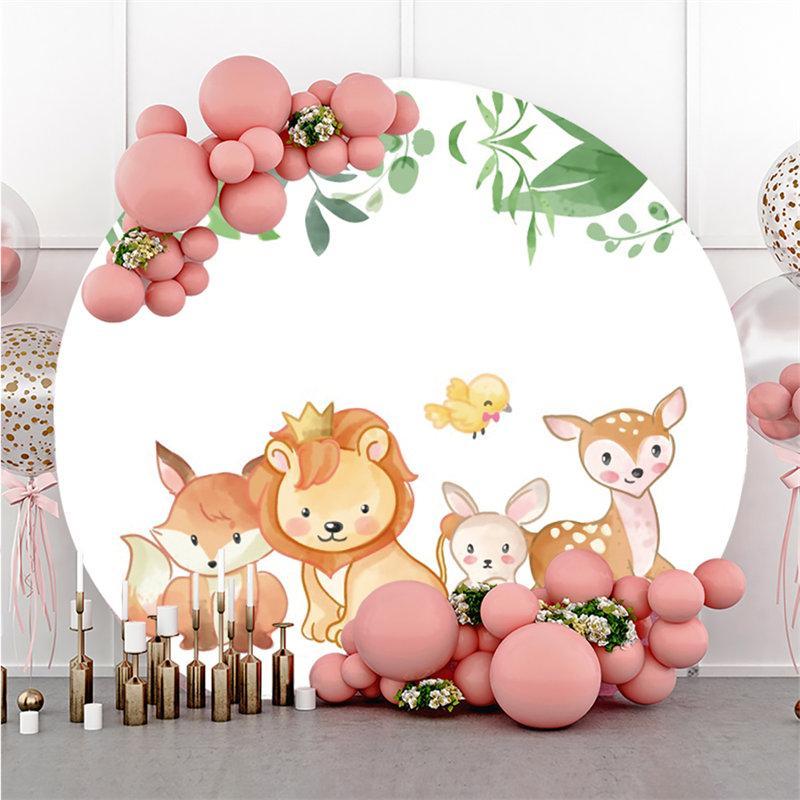 Lofaris Animals With Green Leaves Round Baby Shower Backdrop