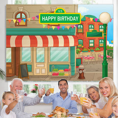 Lofaris Animated House Street Theme Happy Birthday Backdrop