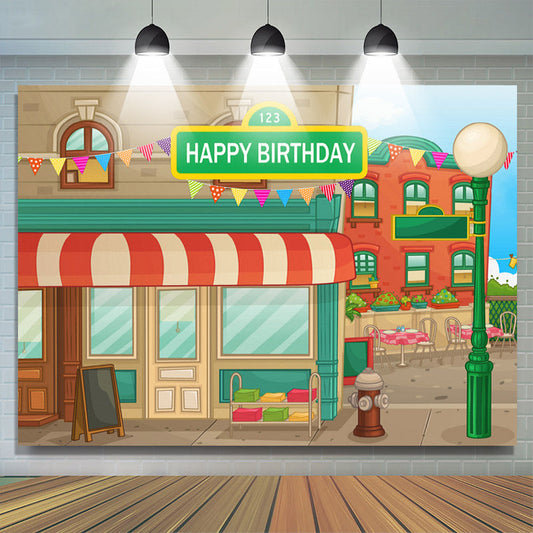 Lofaris Animated House Street Theme Happy Birthday Backdrop