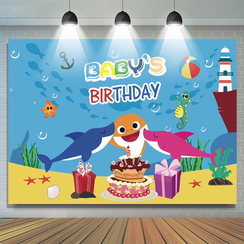 Lofaris Babys Birthday Shark Cake Gift Backdrop for Party