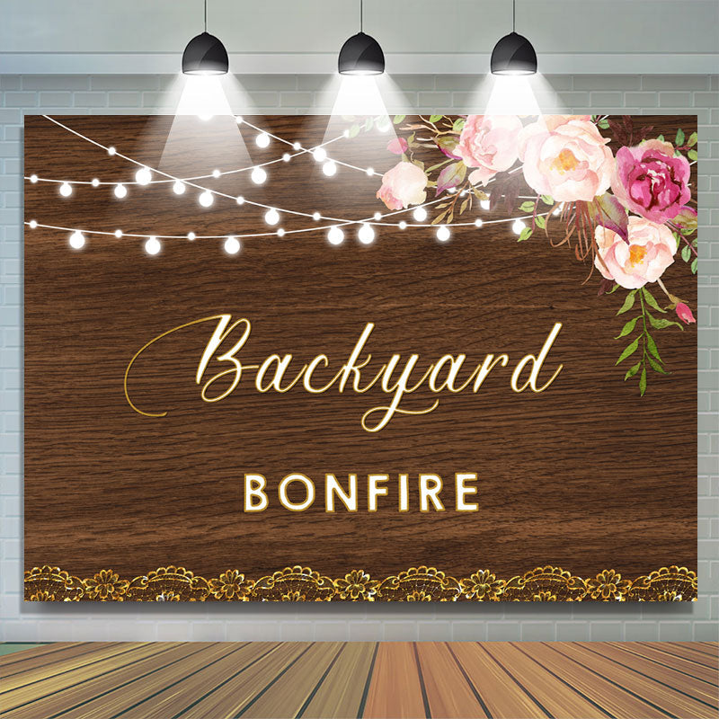 Lofaris Backyard Bonfire Wooden Pink Floral Light Backdrop