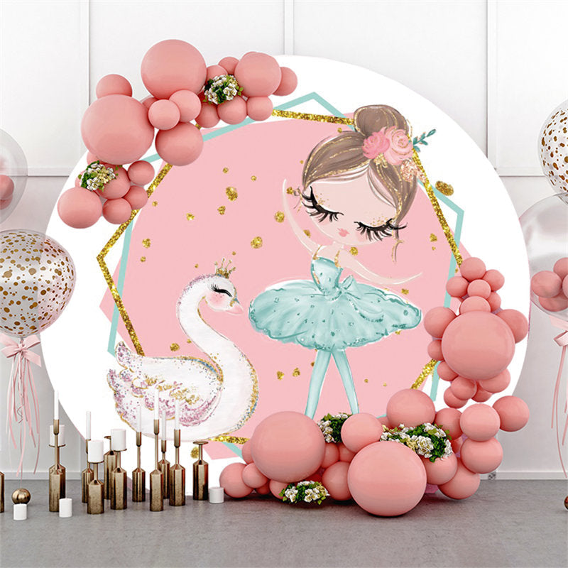 Lofaris Ballet Girl With Swan Pink Glitter Gold Round Backdrop