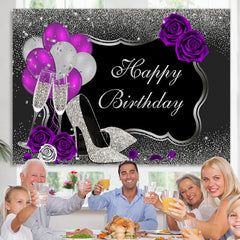 Lofaris Ballon And Floral Silver Glitter Birthday Backdrop