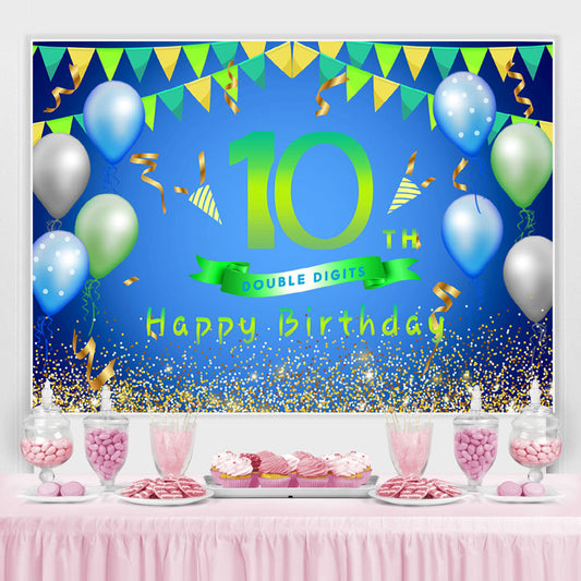 Lofaris Balloons And Flag Green Happy 10th Birthday Backdrop