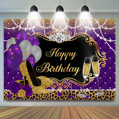 Lofaris Balloons Leopard Purple Gold High Heels Birthday Backdrop for Women