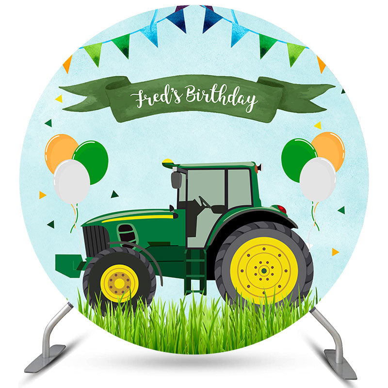 Lofaris Balloons Tractor Green Happy Birthday Round Backdrop