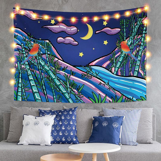 Lofaris Bamboo And Birds Cartoon Moon Mountain Custom Tapestry