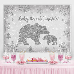 Lofaris Bear Baby Its Cold Outside Silver Snowflake Shower Backdrop