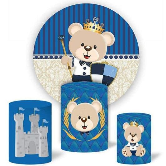 Lofaris Beige Bear Round Blue Baby Shower Backdrop Kit For Boy