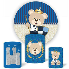 Lofaris Beige Bear Round Blue Baby Shower Backdrop Kit For Boy