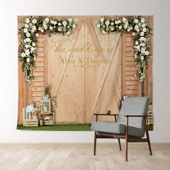 Lofaris Beige Wooden Door With White Flowers Wedding Backdrop