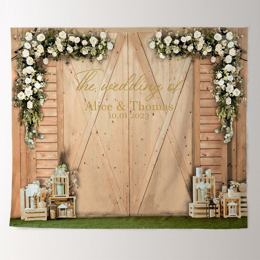 Lofaris Beige Wooden Door With White Flowers Wedding Backdrop