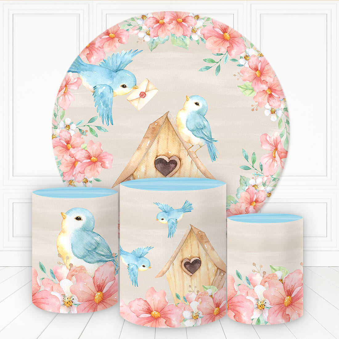 Lofaris Birds In Love Floral Wood House Round Birthday Backdrop Kit