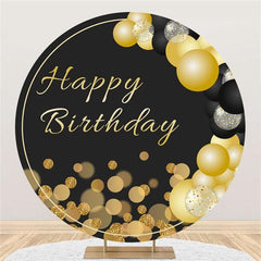 Lofaris Black And Gold Balloons Round Happy Birthday Backdrop