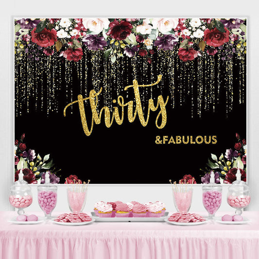 Lofaris Black and Gold Glitter Floral 30th Birthday Backdrop
