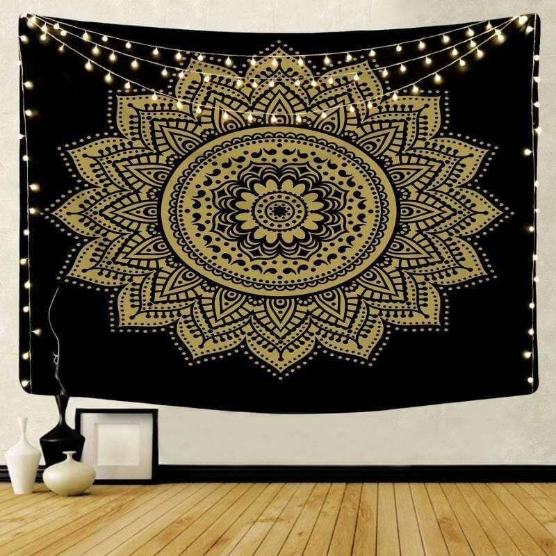 Lofaris Black And Gold Simple Bohemian Mandala Wall Tapestry