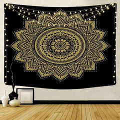 Lofaris Black And Gold Simple Bohemian Mandala Wall Tapestry