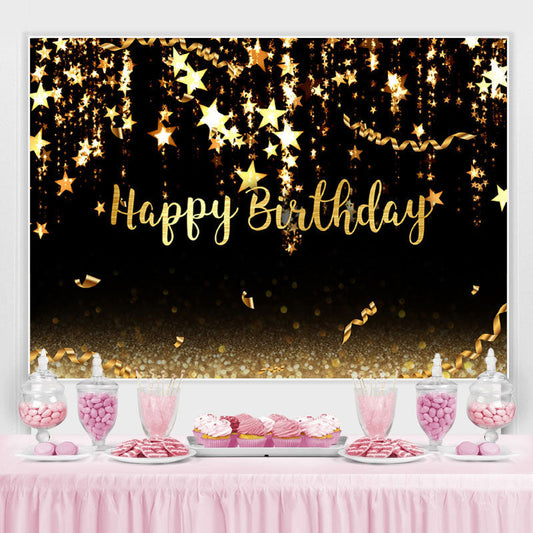 Lofaris Black and Gold stars Bokeh Happy Birthday Backdrop