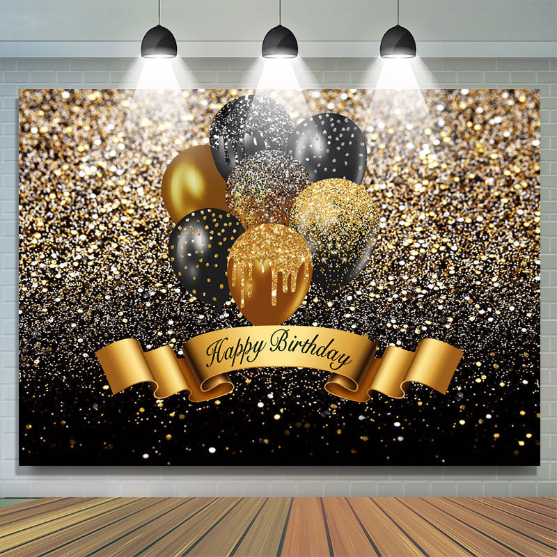 Lofaris Black And Golden Glitter Balloon Happy Birthday Backdrop