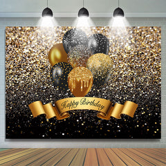 Lofaris Black And Golden Glitter Balloon Happy Birthday Backdrop