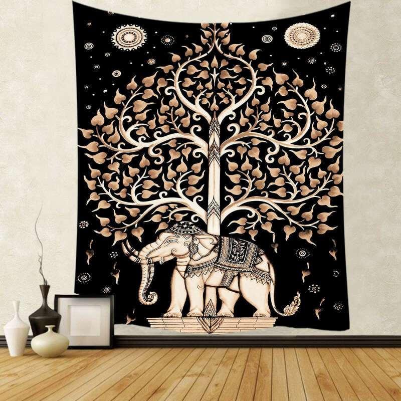 Lofaris Black And Khaki Tree With Bohemian Elephant Wall Tapestry