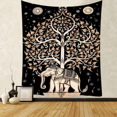 Lofaris Black And Khaki Tree With Bohemian Elephant Wall Tapestry