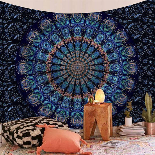 Lofaris Black And Navy Trippy Mandala Art Decor Wall Tapestry