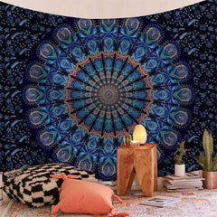 Lofaris Black And Navy Trippy Mandala Art Decor Wall Tapestry