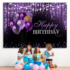 Lofaris Black and Purple Glitter Balloon Happy Birthday Backdrop