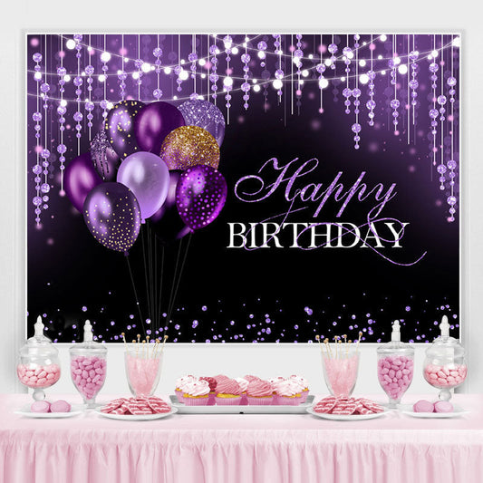 Lofaris Black and Purple Glitter Balloon Happy Birthday Backdrop