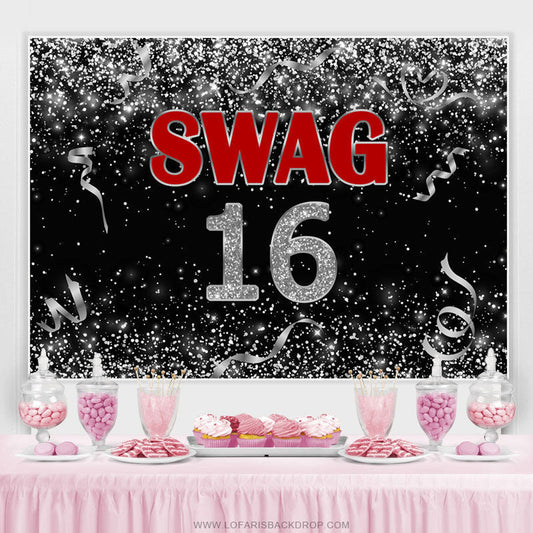 Lofaris Black And Silver Ribbion Swag 16 Birthday Backdrop