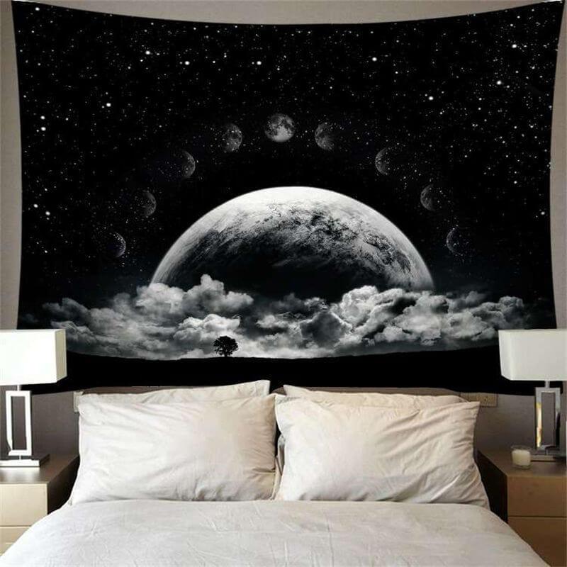Lofaris Black And Sliver Star With Planet Galaxy Wall Tapestry