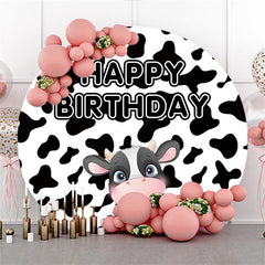 Lofaris Black And White Cow Theme Happy Birthday Round Backdrop