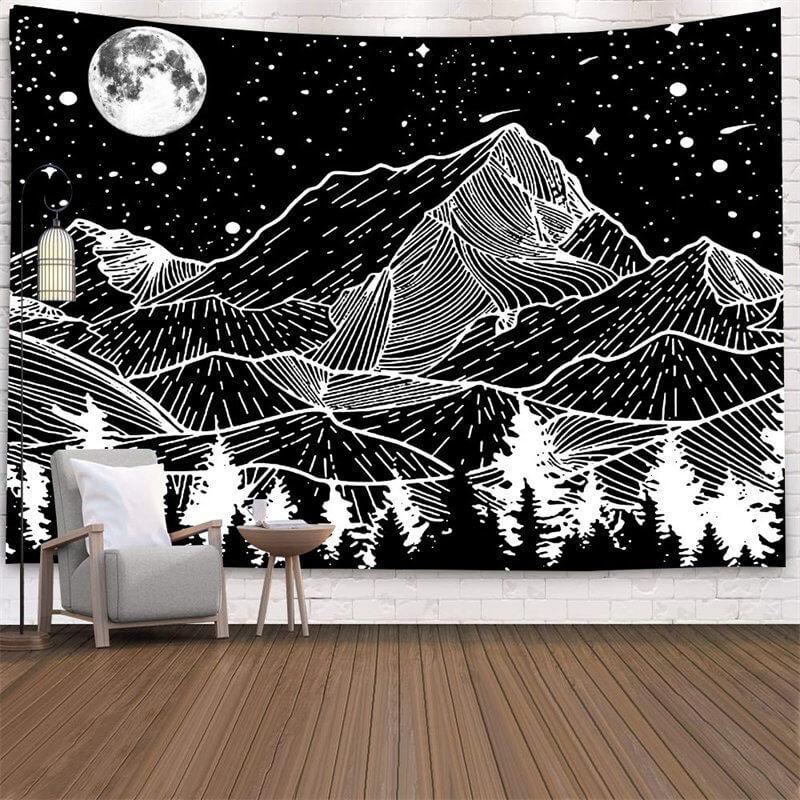 Lofaris Black And White Galaxy Mountain Landscape Wall Tapestry