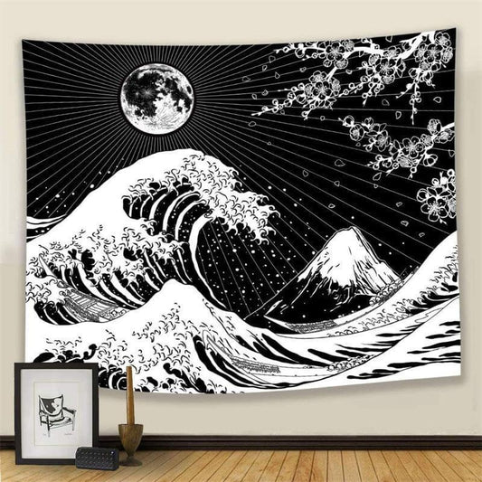 Lofaris Black And White Lake Floral Mountain Wall Tapestry