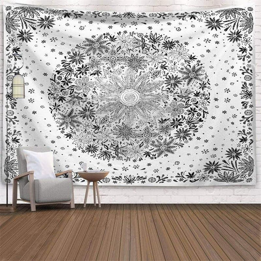 Lofaris Black And White Leaf Mandala Bohemian Wall Tapestry