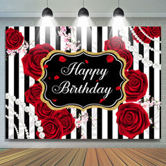 Lofaris Black And white Line With Red Rose Birthday Backdrop