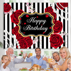 Lofaris Black And white Line With Red Rose Birthday Backdrop