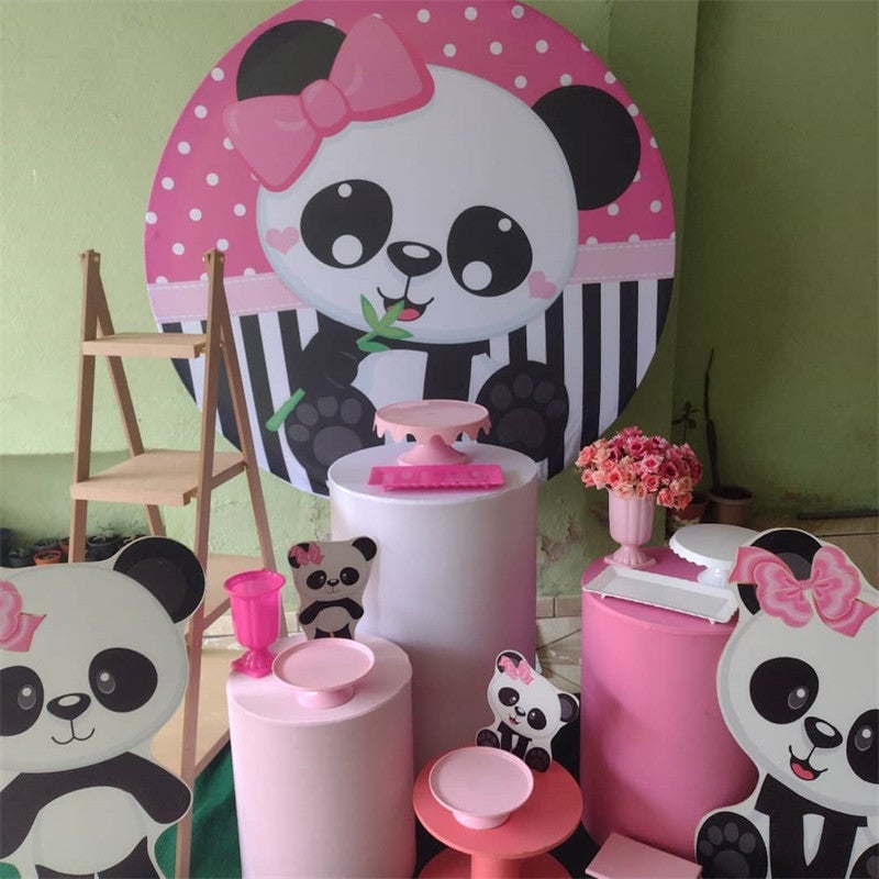 Lofaris Black And White Panda Round Pink Birthday Backdorp