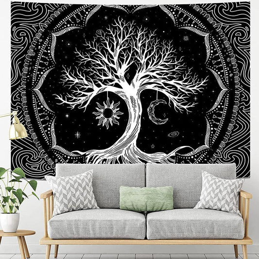 Lofaris Black And White Psychedelic Tree Abstract Wall Tapestry