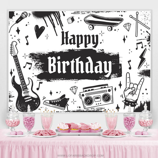 Lofaris Black And White Rock Music Birthday Backdrop For Boy