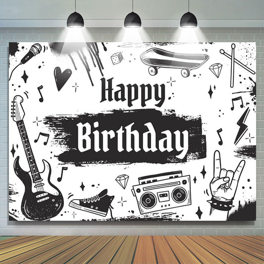 Lofaris Black And White Rock Music Birthday Backdrop For Boy